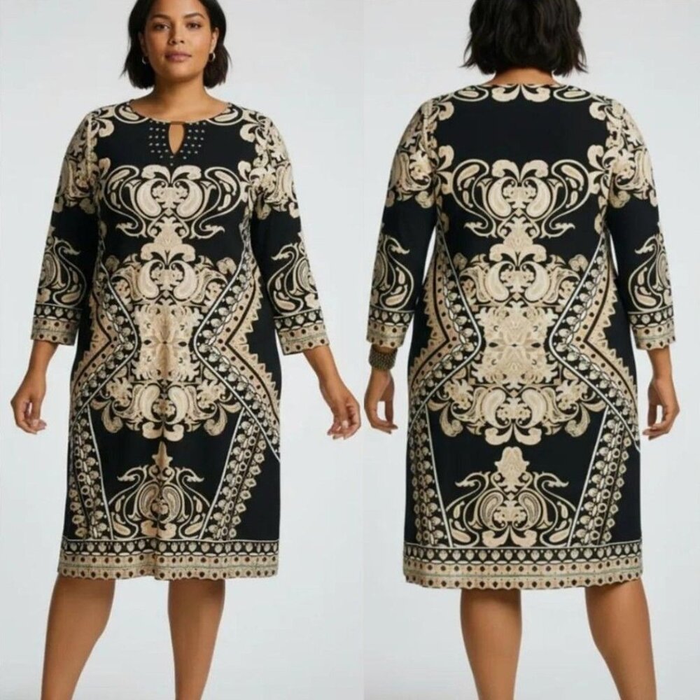 Maria Gabrielle Women's Plus Size Keyhole Neck Printed Tunic Short Dress Size 1X